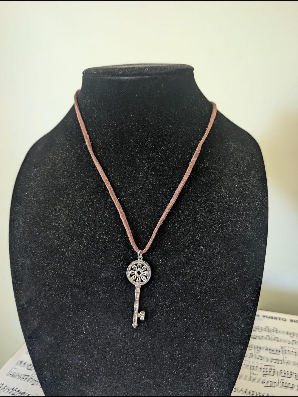 Vintage Key Pendant Necklace in Brown with Silver Key